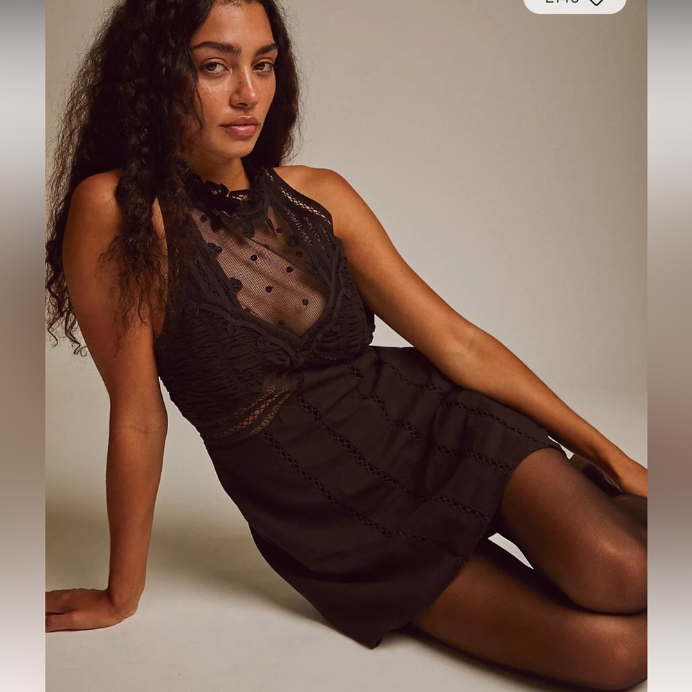 Free People Valencia Mini Dress featuring a black lace high neck and sheer dot - Picture 1 of 6